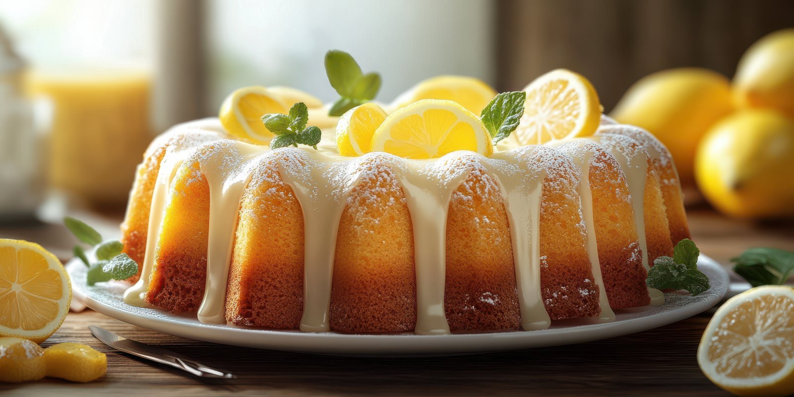 Delicious lemon bundt cake beautifully decorated with fresh lemons and mint leaves on a wooden table in a cozy kitchen setting